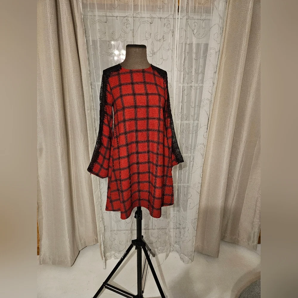 Gianni Bini Red Black Lace Plaid Whimsigoth Business Casual Midi Dress XS - Picture 5 of 16